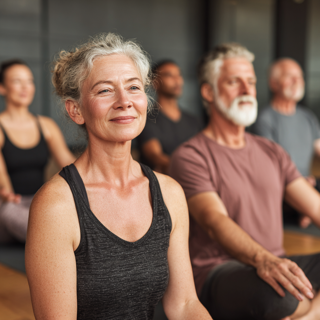 group of mature adults in yoga class showing peaceful expressions and relaxed poses