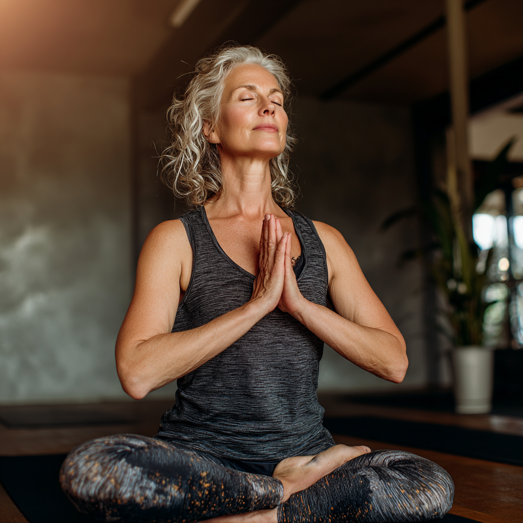middle-aged woman practicing yoga in peaceful studio environment
